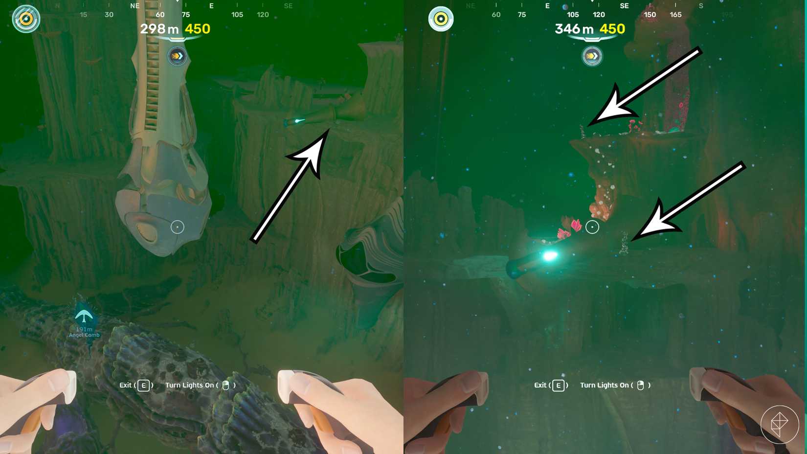 A conduit crystal farming spot in Subnautica 2.