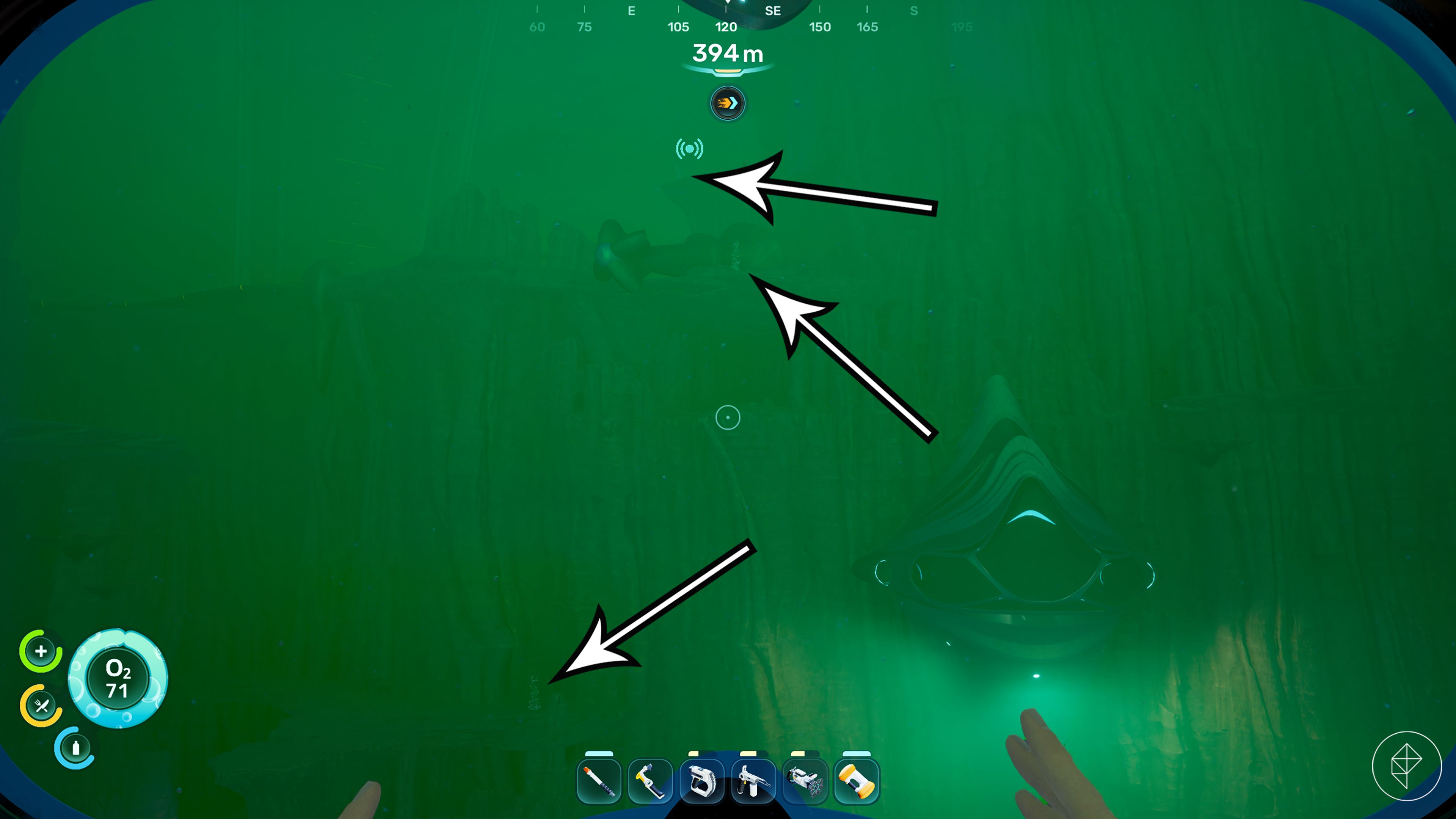 Arrows point to conduit crystal deposits in Subnautica 2.