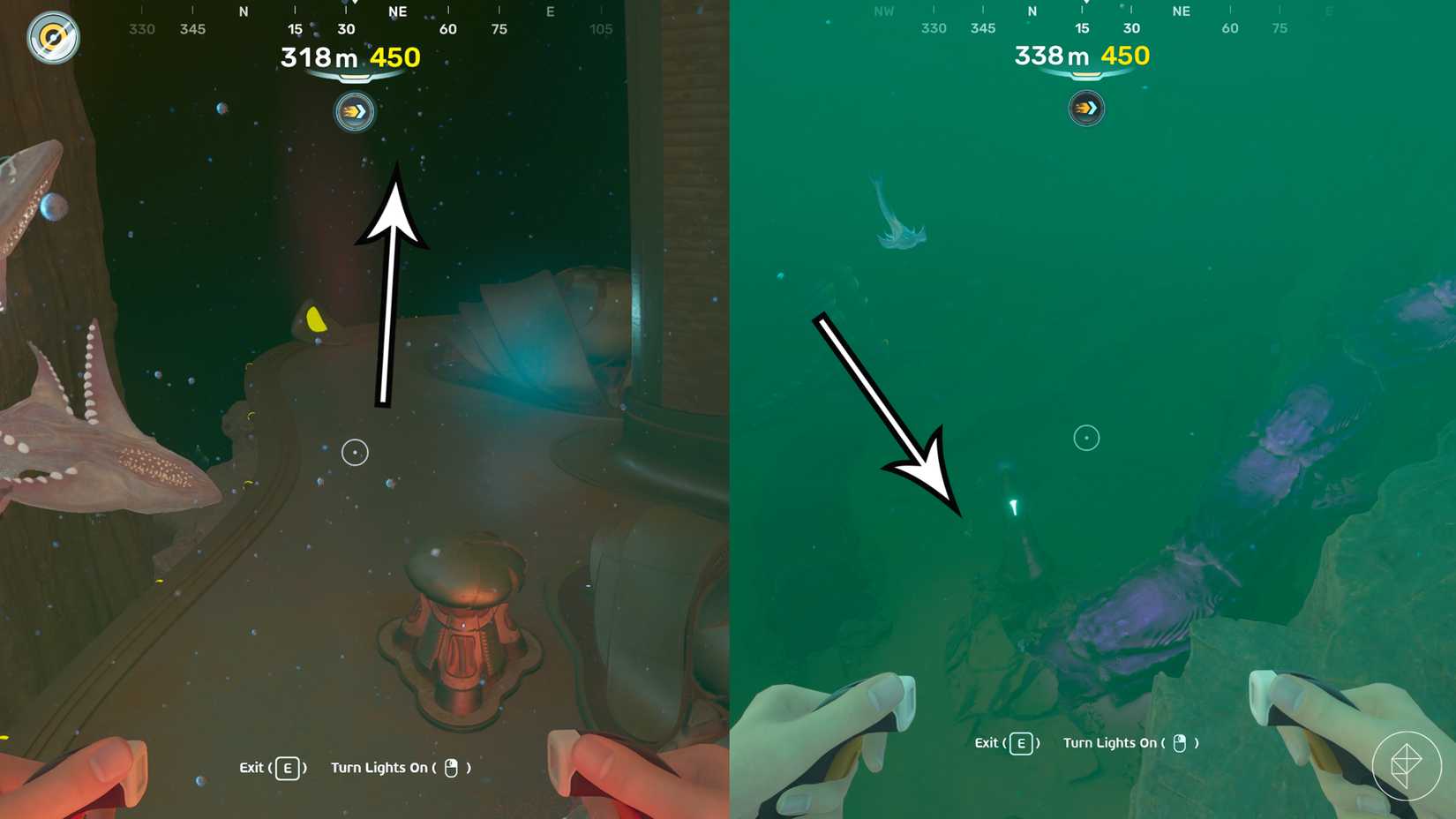 The path to a conduit crystal spawn point in Subnautica 2.