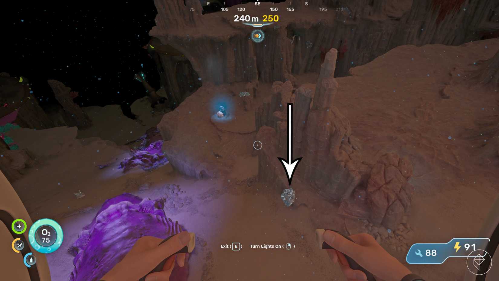 An arrow points to a piece of celestine in Subnautica 2.