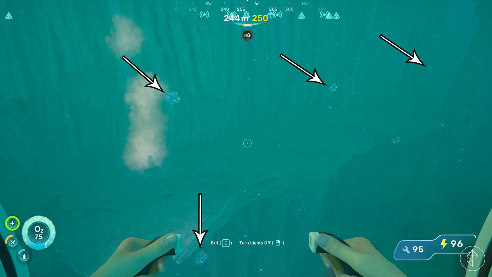 Arrows point to four celestine deposits at the best celestine farming spot in Subnautica 2.