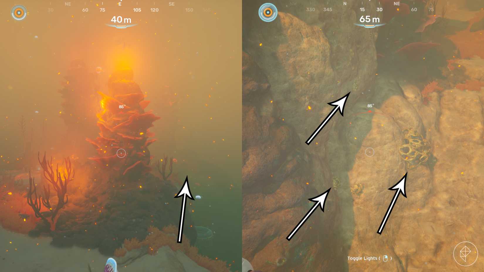 Arrows point to gold deposits in Subnautica 2.