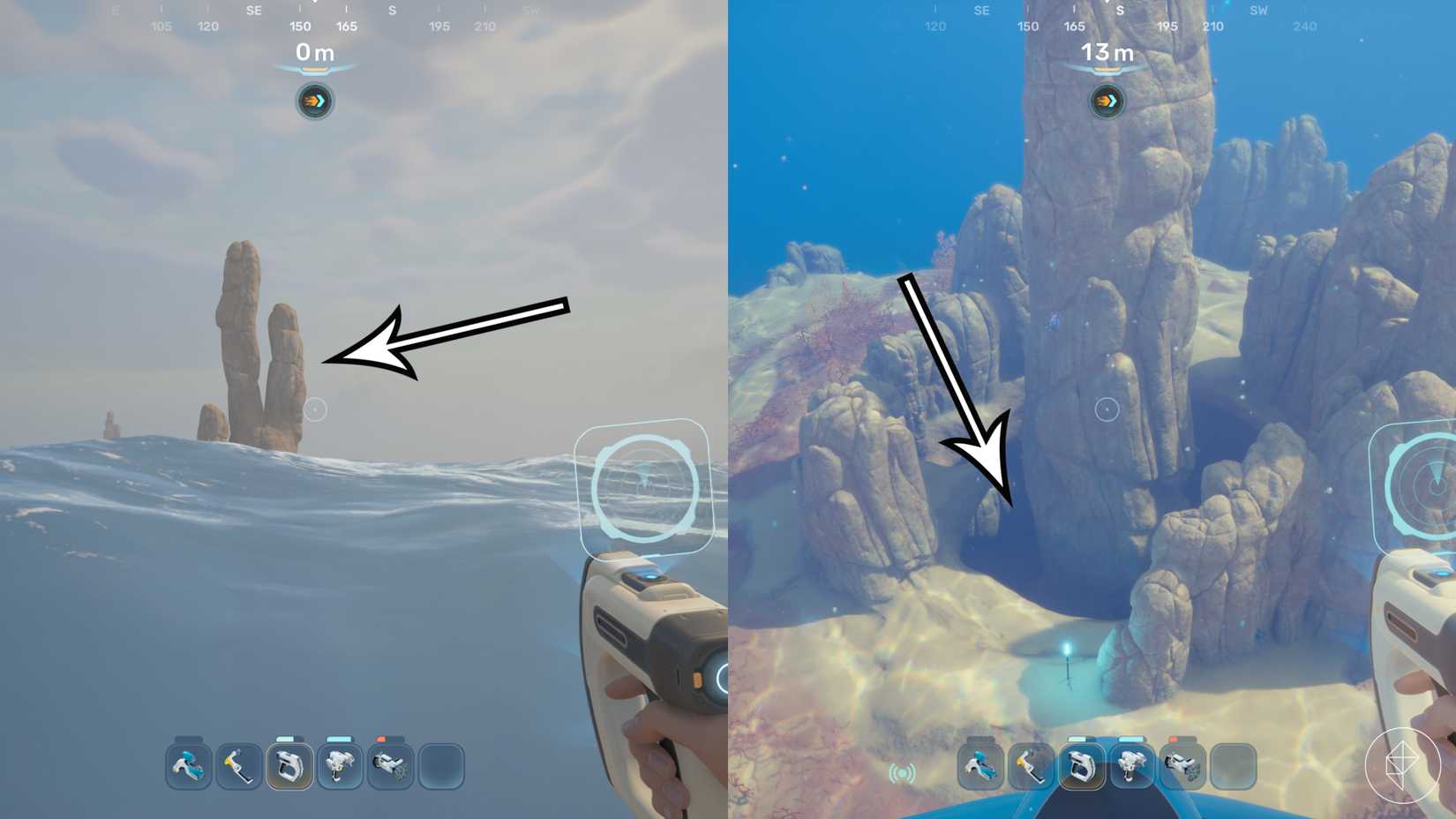Arrows point the way to a salt farm spot in early game Subnautica 2.