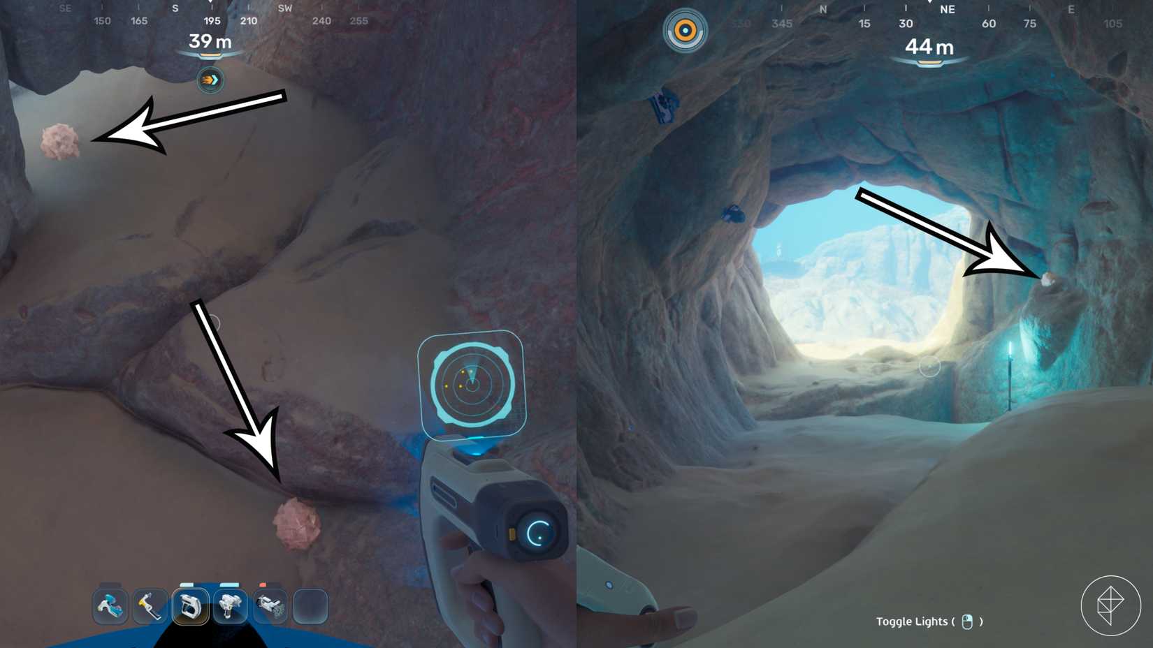 Arrows point to small salt crystals in Subnautica 2.