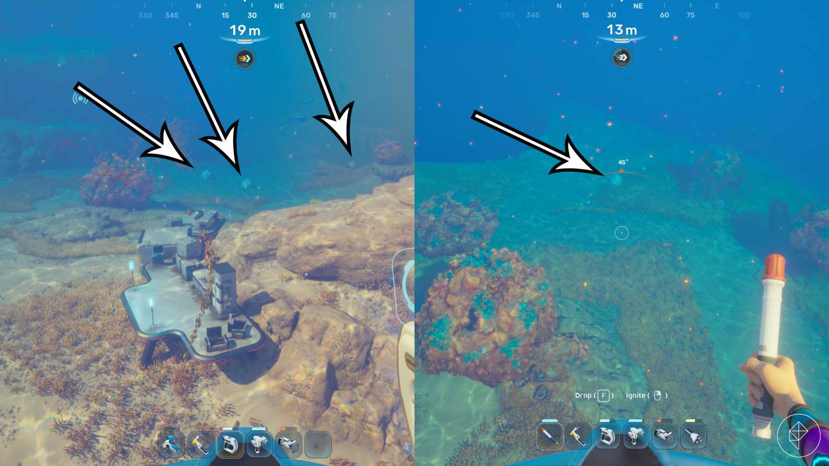 Arrows point to large salt crystals in Subnautica 2.