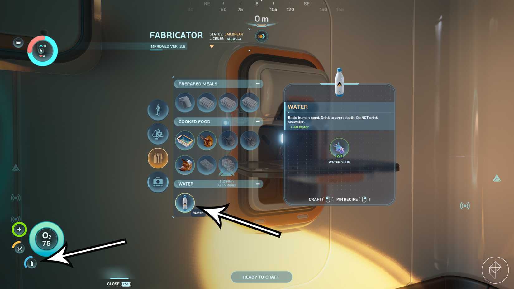 Arrows point to the thirst meter and water bottle crafting recipe in Subnautica 2.