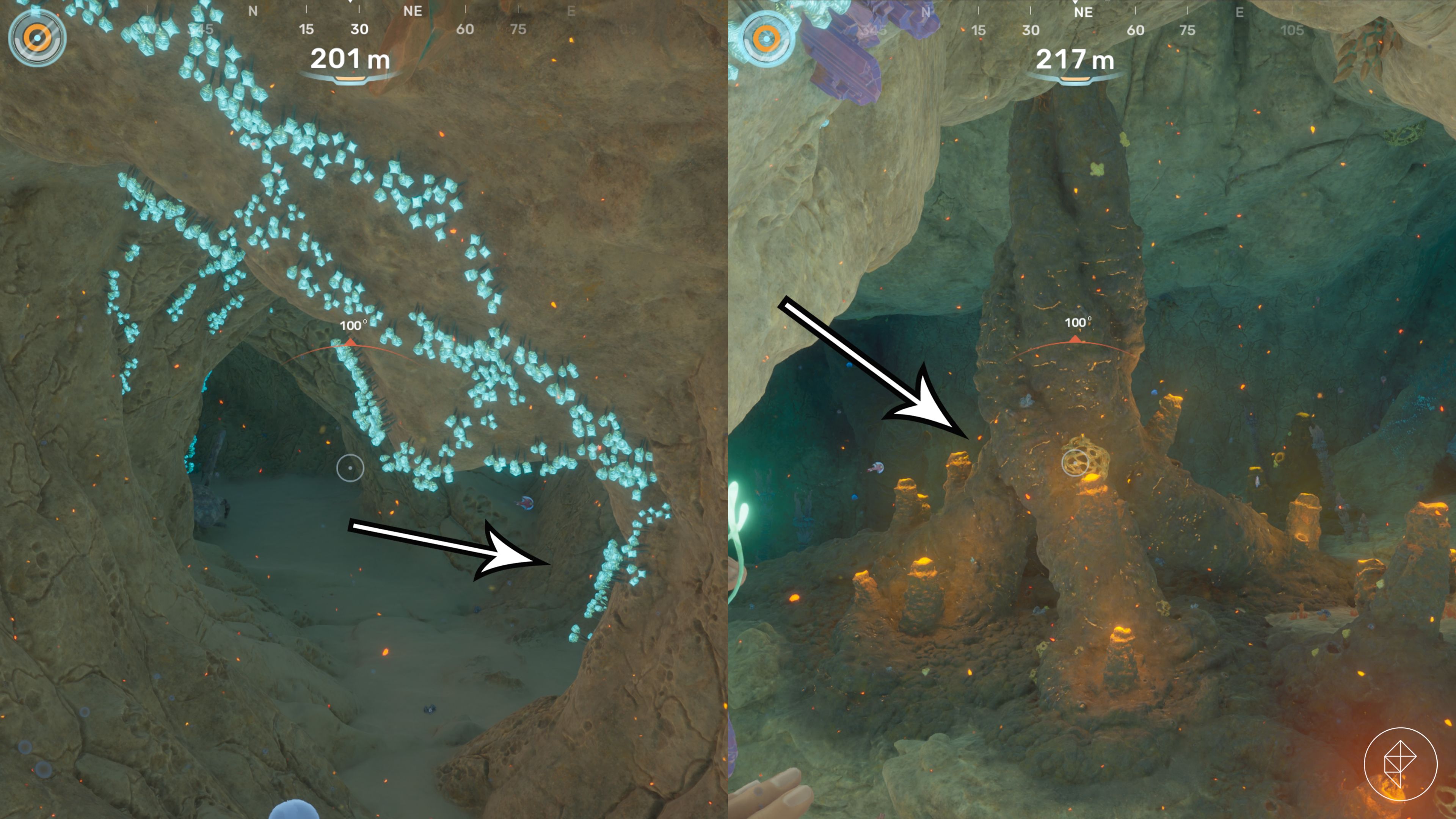 Arrows point to the cave that houses Zip's Blackbox in Subnautica 2.