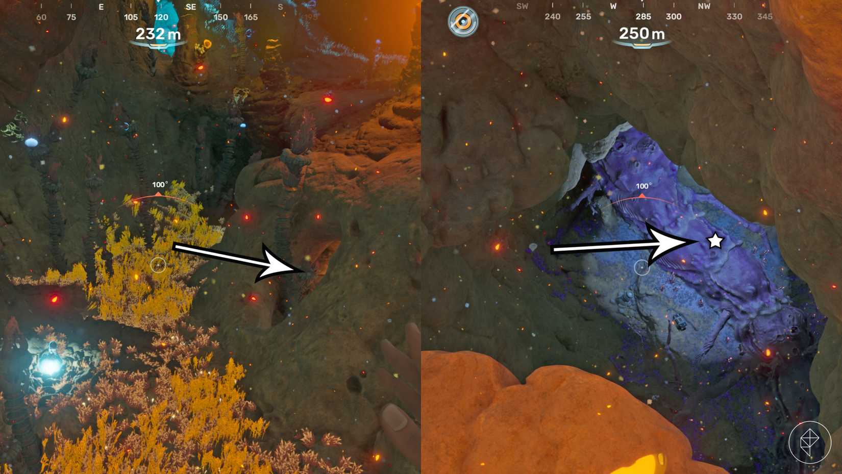 Arrows point to the location of the keycode needed to open the Tadpole Pens in Subnautica 2.