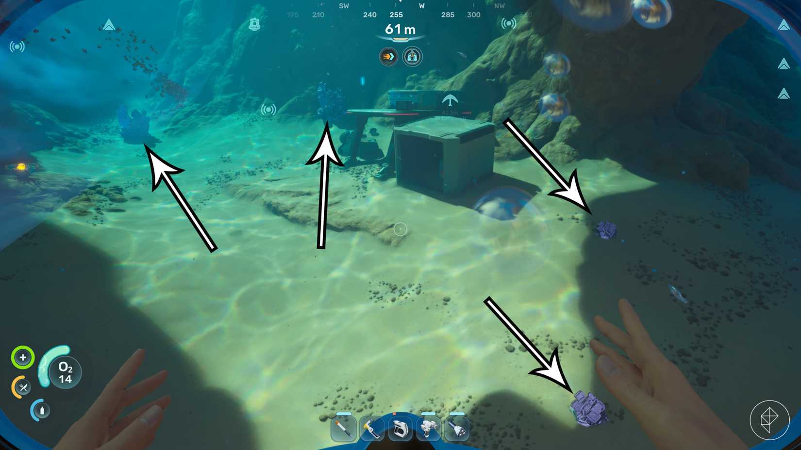Four arrows point to lead veins in Subnautica 2.