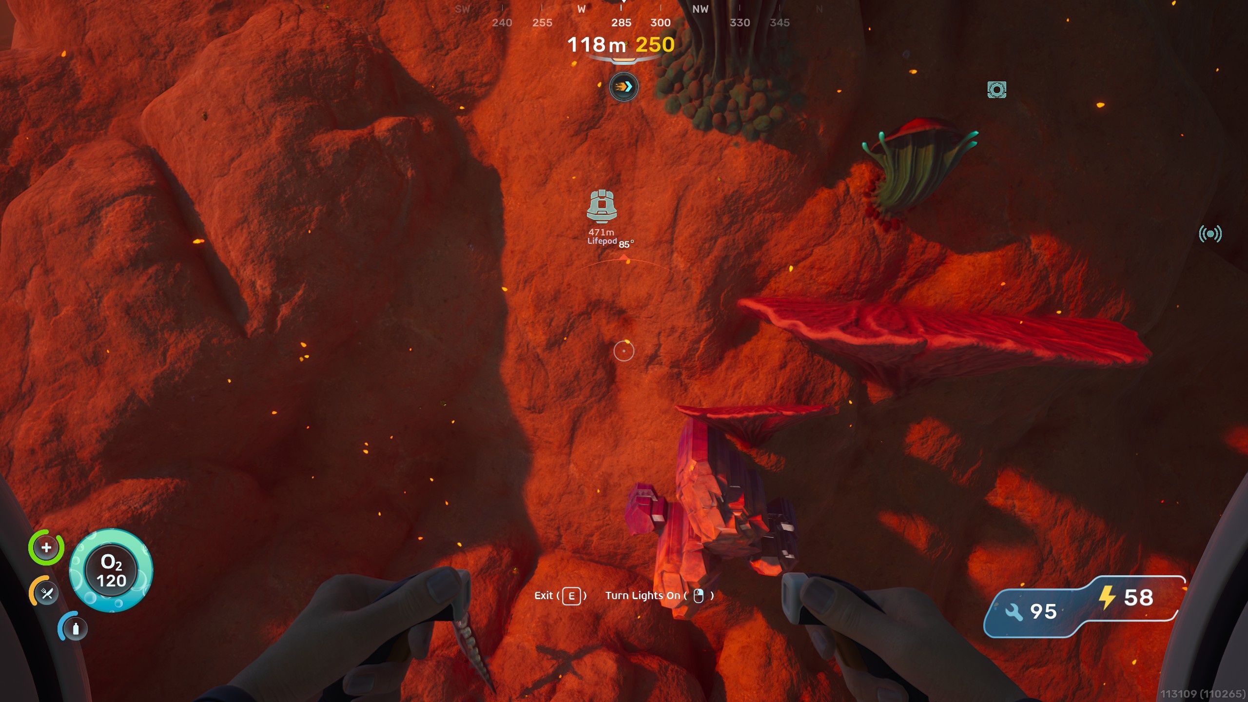 A large lithium node on a cavern cliffside in Subnautica 2