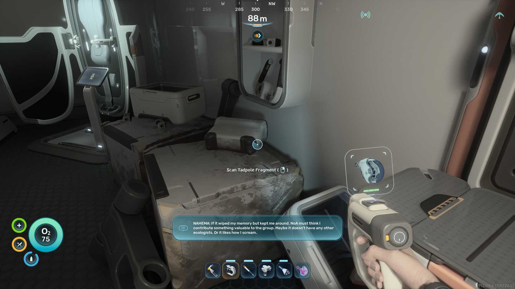 An audio file from Nahema in Subnautica 2. The text reads: It wiped my memory but kept me around. NoA must think I contribute something valuable to the group. Maybe it doesn't have any other ecologists. Or it likes how I scream