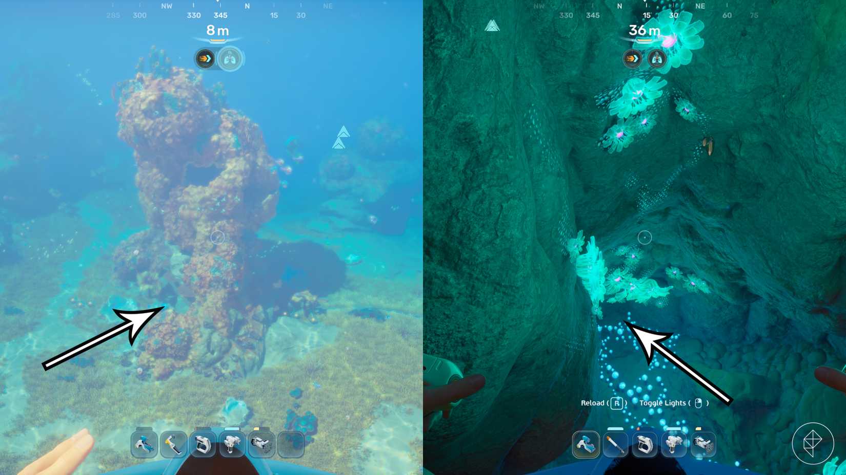 Des flèches indiquent le chemin vers un site de production d'argent dans Subnautica 2.