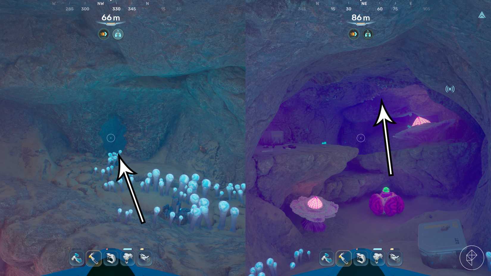 Где найти серебро в Subnautica 2 8 Стрелками обозначен путь к небольшим серебряным узлам на потолке пещеры в Subnautica 2.