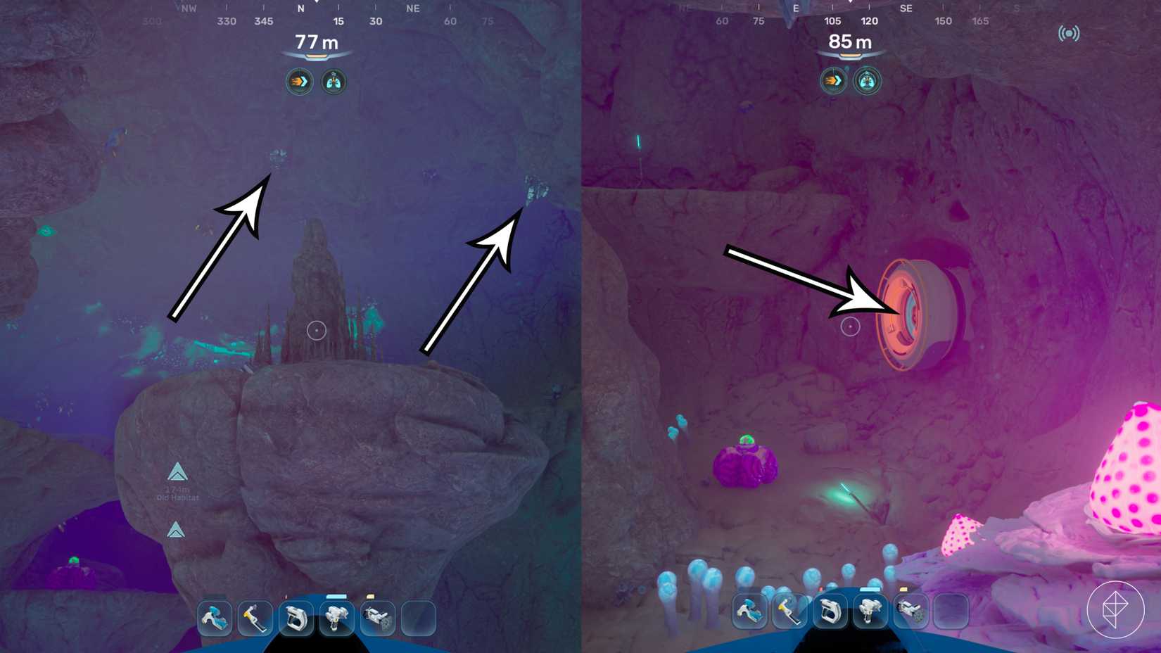 Где найти серебро в Subnautica 2 9 Стрелками отмечены серебряные узлы и люк в Subnautica 2.