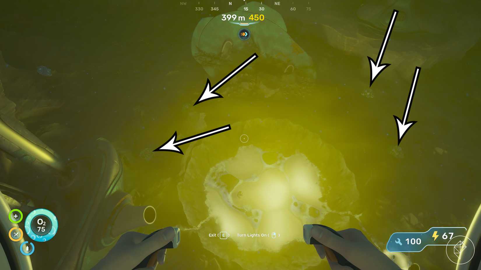 Las flechas señalan cuatro ubicaciones de troilite en Subnautica 2.
