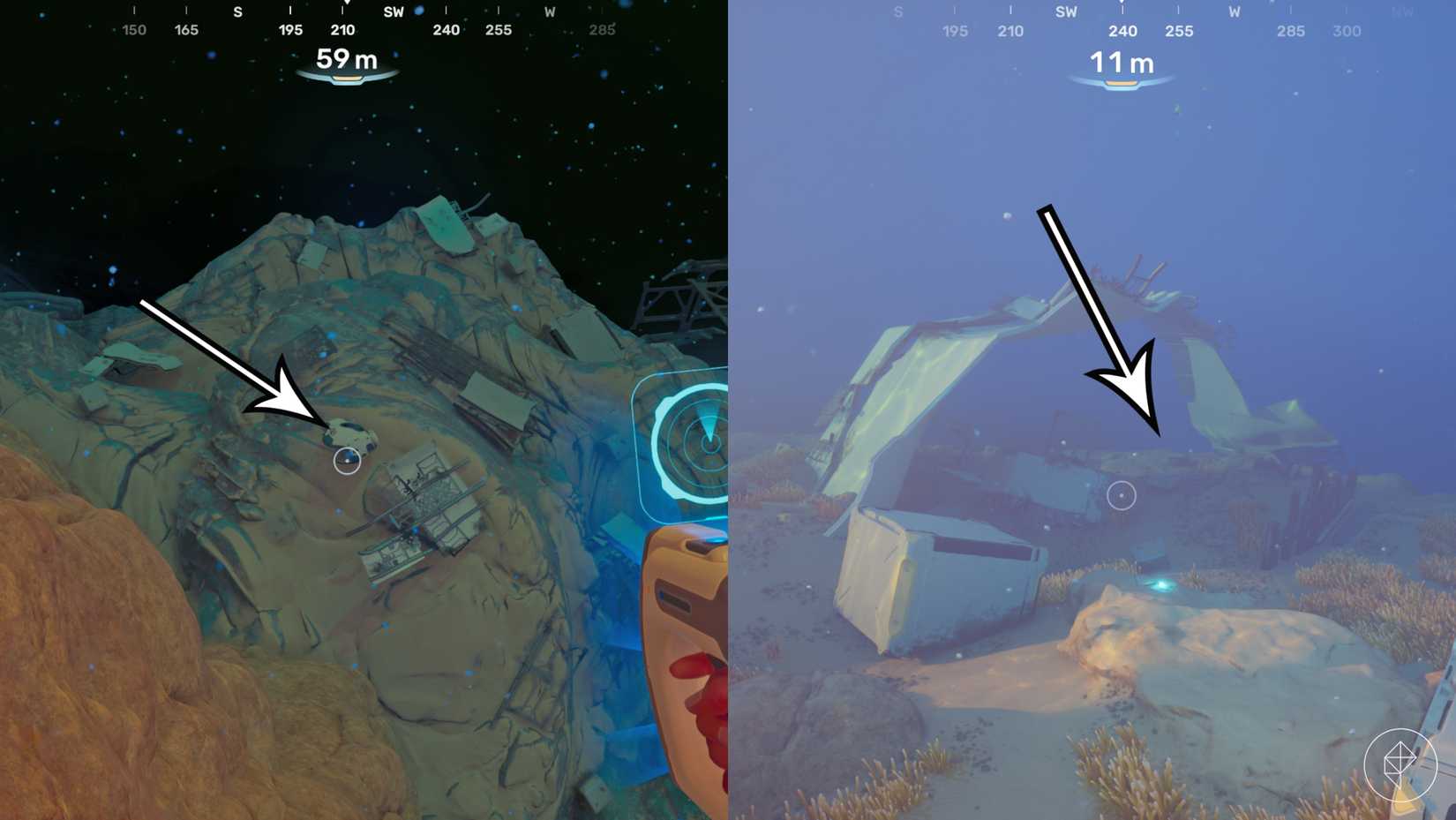 Arrows point to a tadpole fragment in Subnautica 2.
