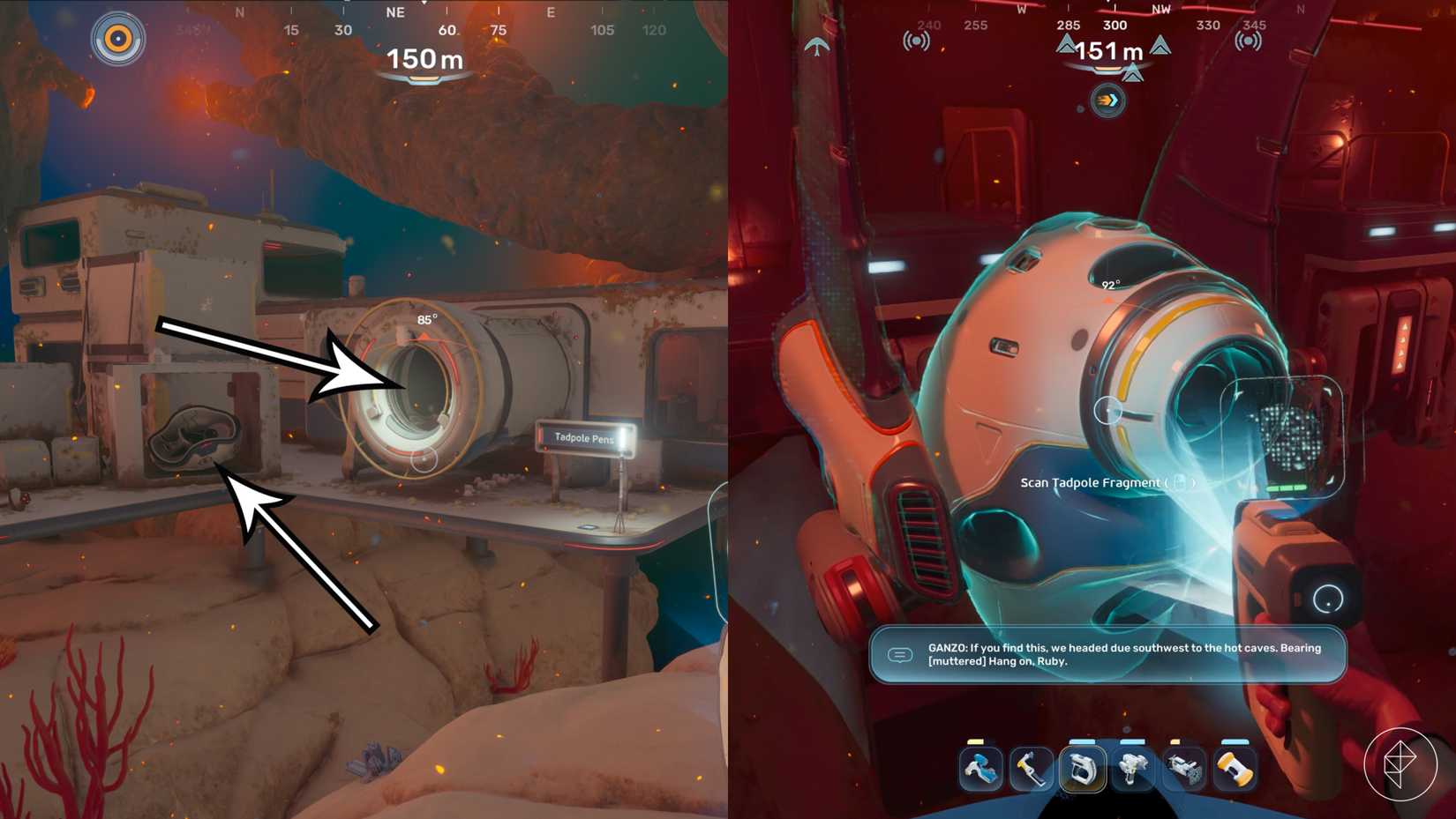 Las flechas apuntan a la ubicación de dos fragmentos de renacuajo en Subnautica 2.
