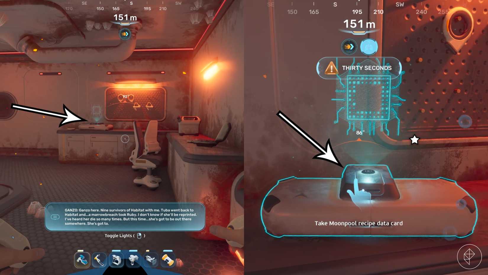 Las flechas apuntan a la ubicación del plano de la piscina lunar en Subnautica 2.