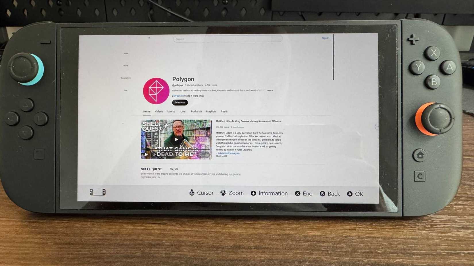 The Polygon YouTube channel displayed on Nintendo Switch 2