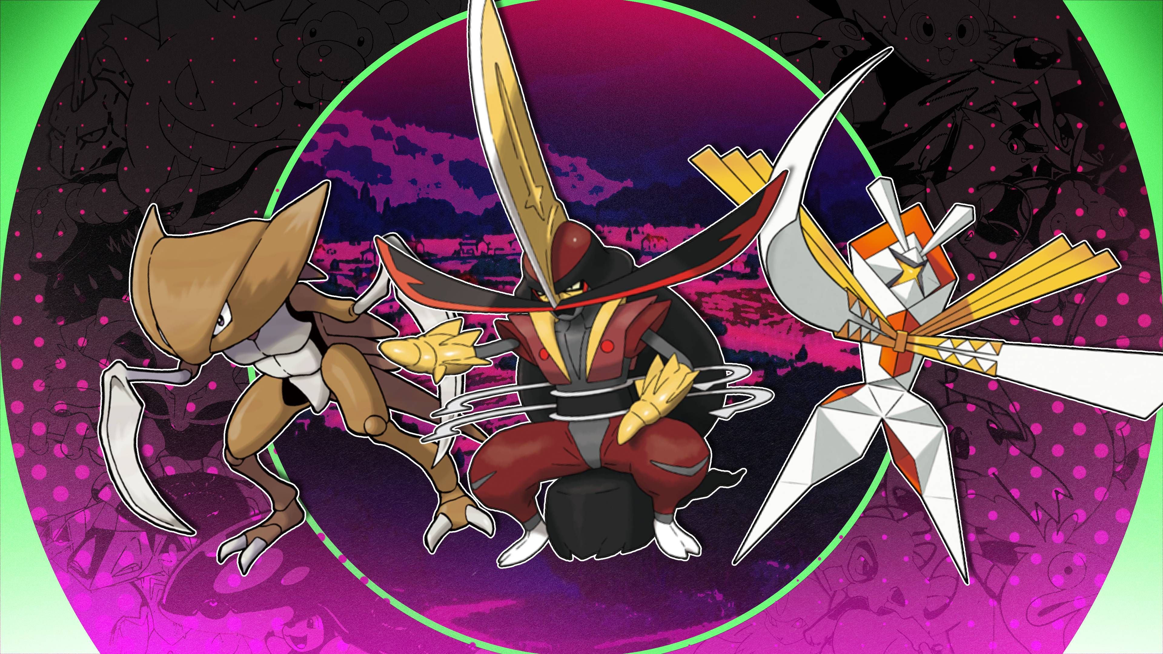 Kabutops, Kartana, and Kingambit against a pink background