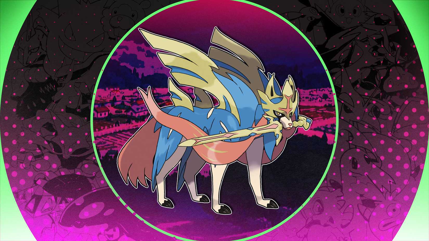 Zacian sobre un fondo rosa