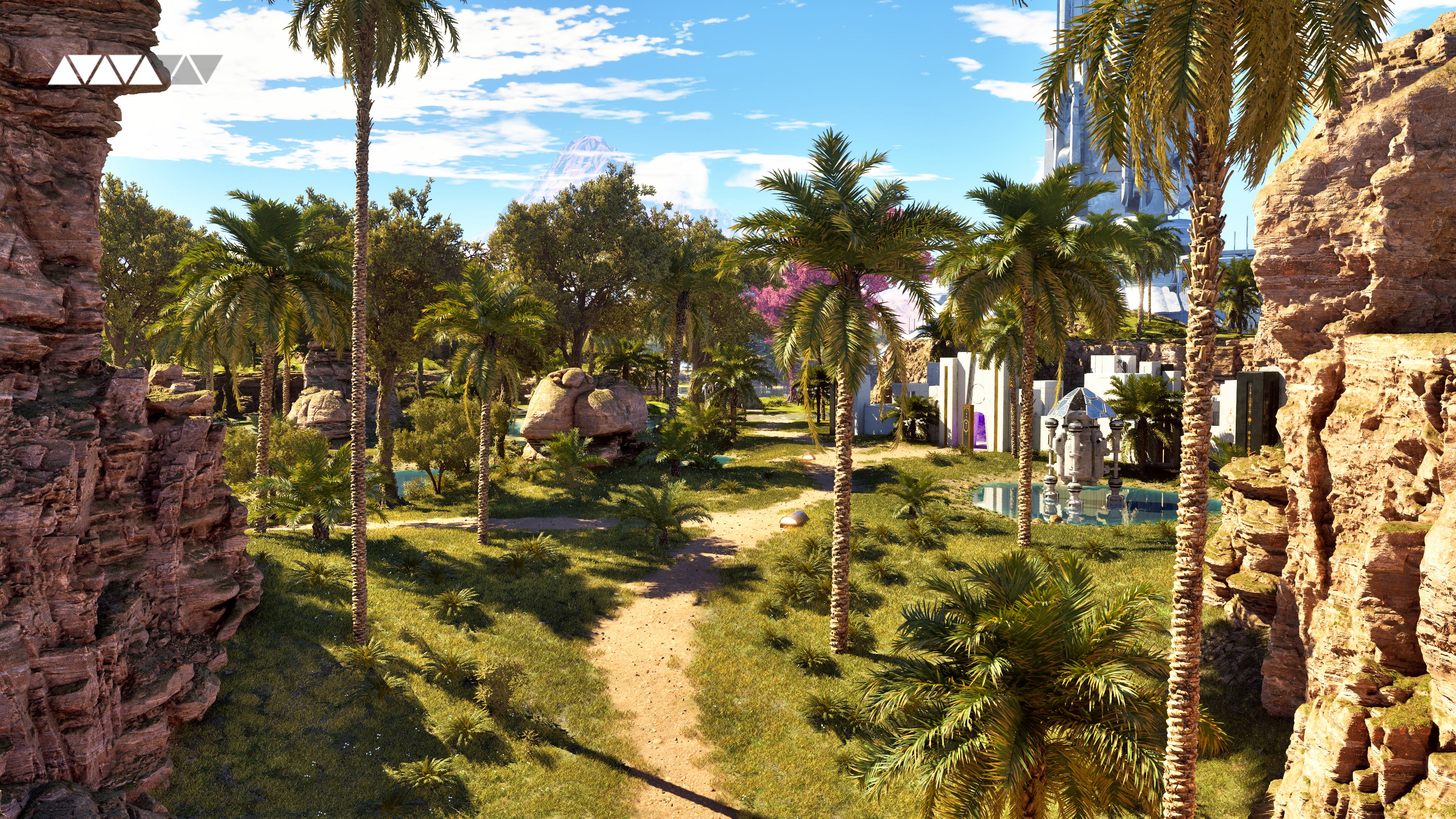 A screenshot from The Talos Principle 3. It shows a sci-fi like world with huge, elongated trees.
