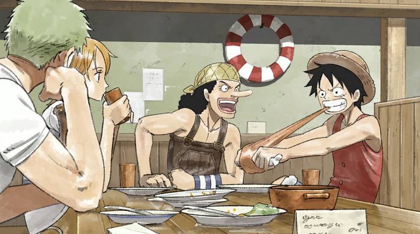 A teaser image from The One Piece anime with Luffy eating while Zoro, Nami, and Usopp look at him