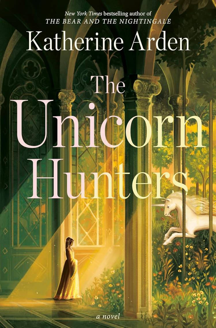 The cover of The Unicorn Hunters by Katherine Arden, with a woman in a long dress stepping into a doorway, with a unicorn outside