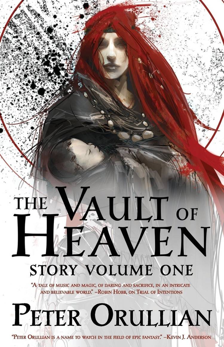A woman with red hair holds a baby on the cover of The Vault of Heaven by Peter Orullian