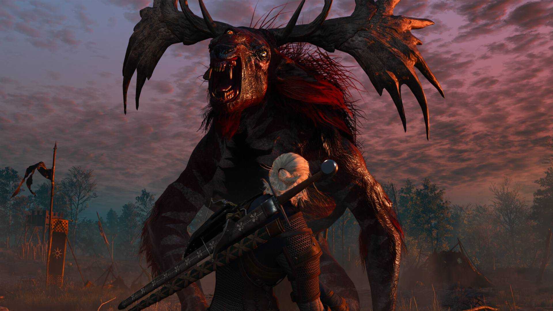 Geralt in The Witcher 3 fighting against a monster.