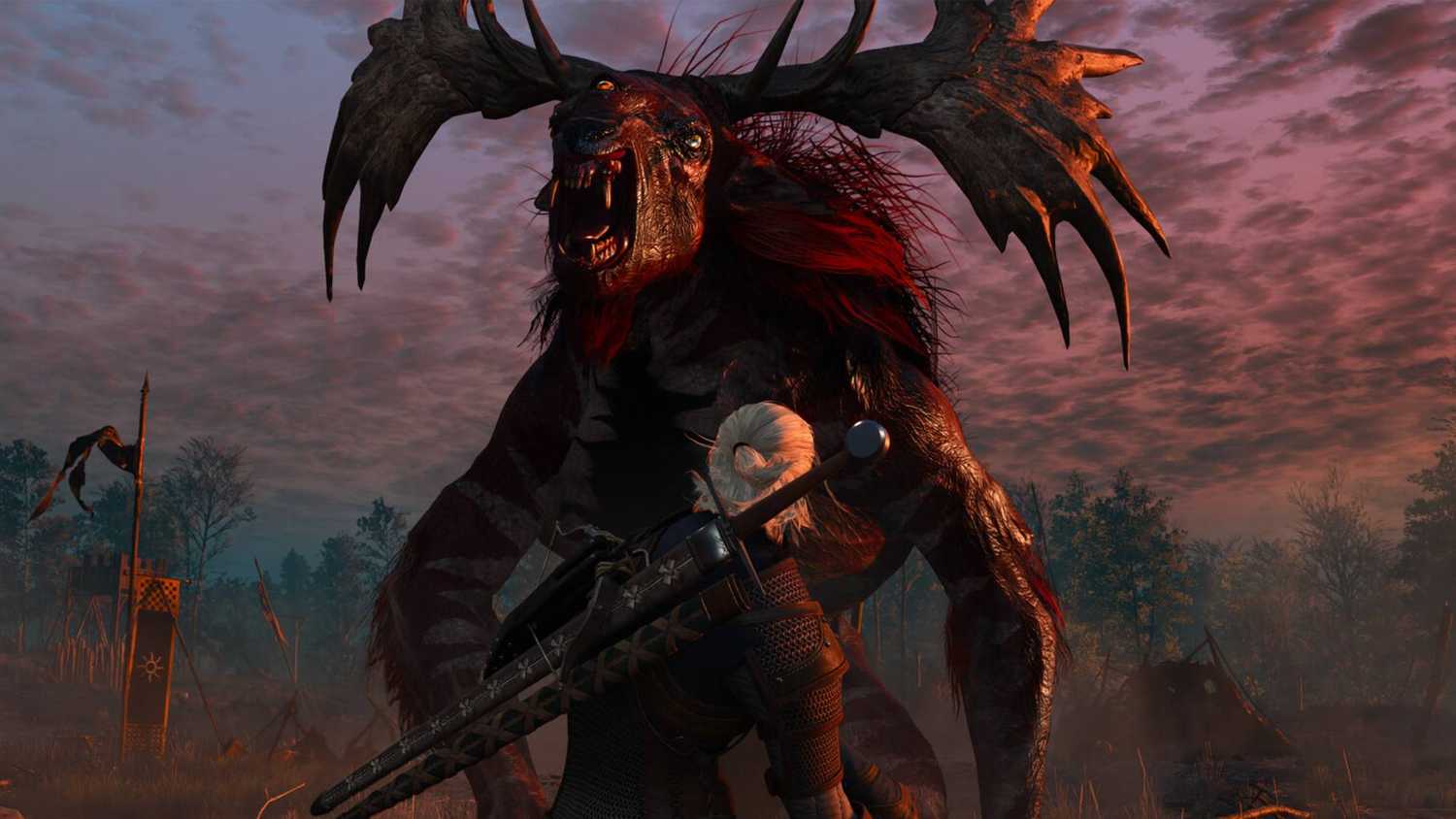 Geralt in The Witcher 3 fighting against a monster.