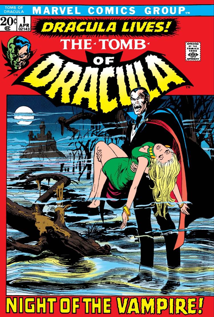 Cover of tomb of dracula 1, Marvel's Dracula carries a blonde woman who has fainted, his teeth bared