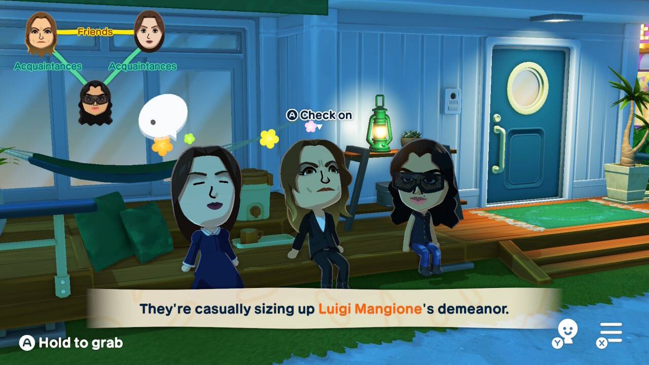 Three Miis sit together in Tomodachi Life: Living the Dream.