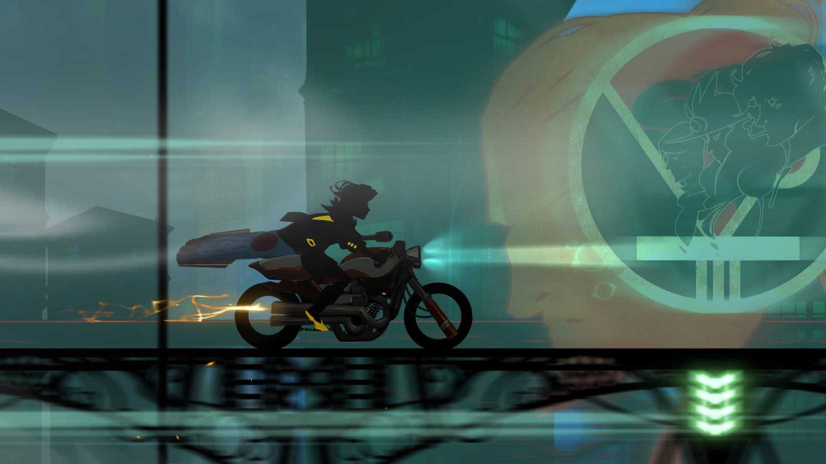 Red rides a bike down a highway in Cloudbank in Transistor