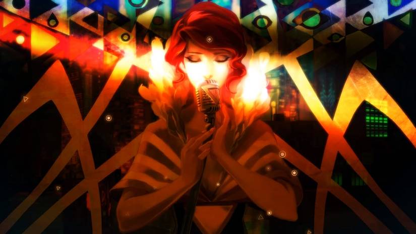 El rojo canta en un micrófono en Transistor