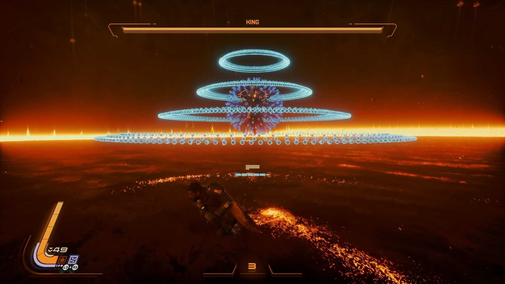 The King from Saros sending out four rings of light blue orbs toward the player.