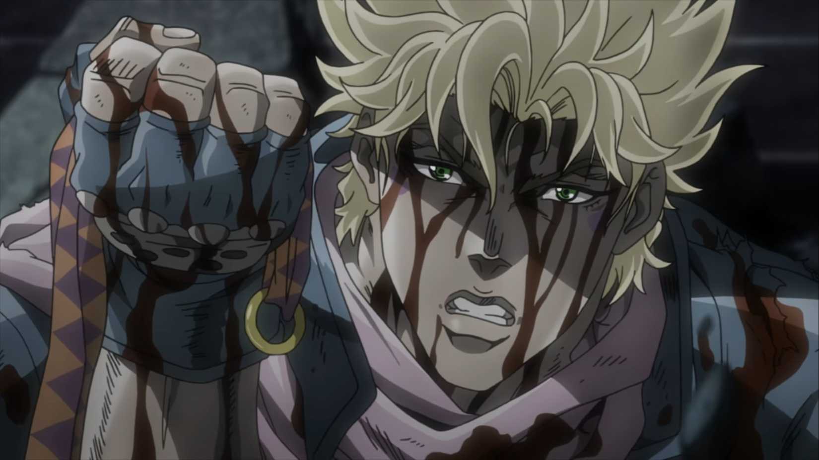 A bloodied Caesar holds up the antidote in Battle Tendency