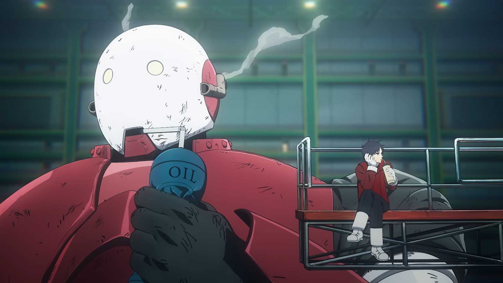 A young Tetsuo sips on his drink as the robot Yukio drinks oil in Snowball Earth