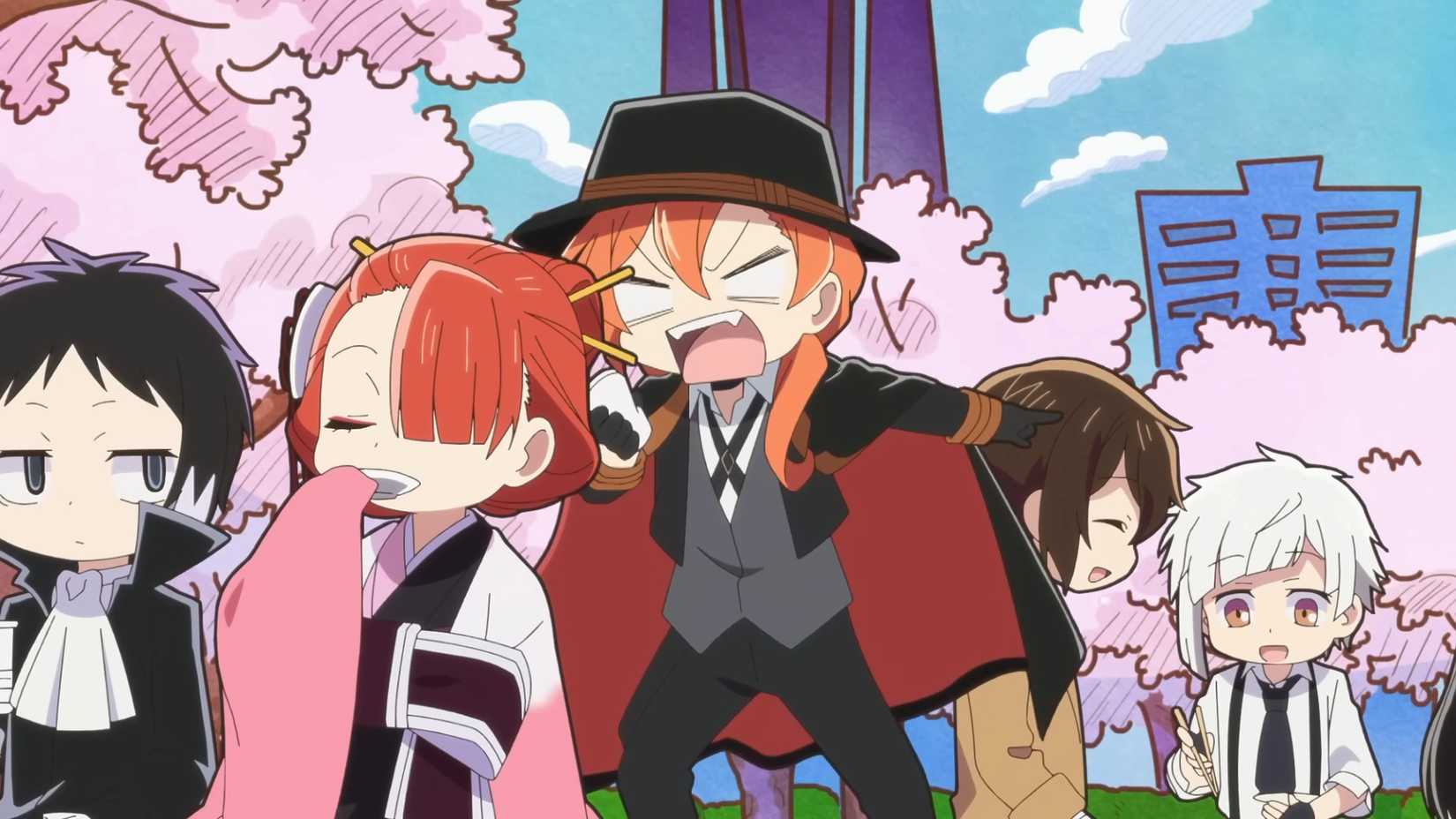 The chibi versions of the characters from Bungo Stray Dogs stand in a line in BSD Wan!