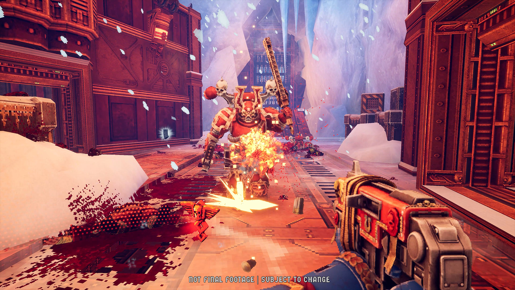 Mallum fights on a snowy planet in Boltgun 2