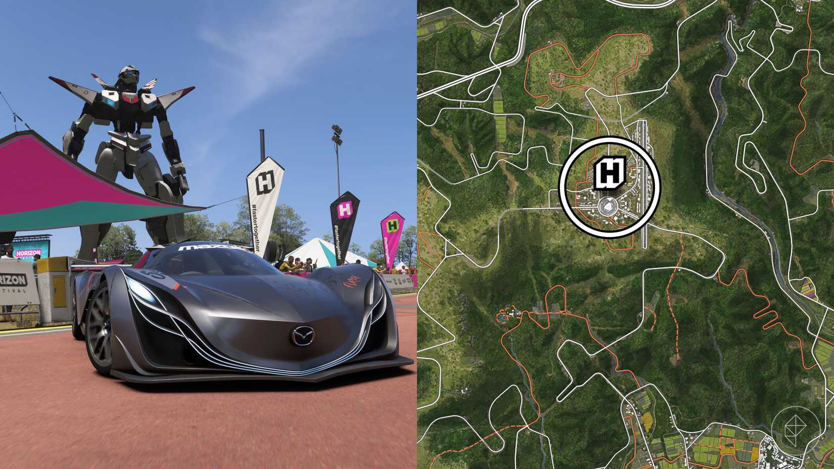 Un automóvil gris conduciendo por una carretera frente a un gran robot mecánico en Forza Horizon 6 junto con su ubicación marcada con un círculo en el mapa.