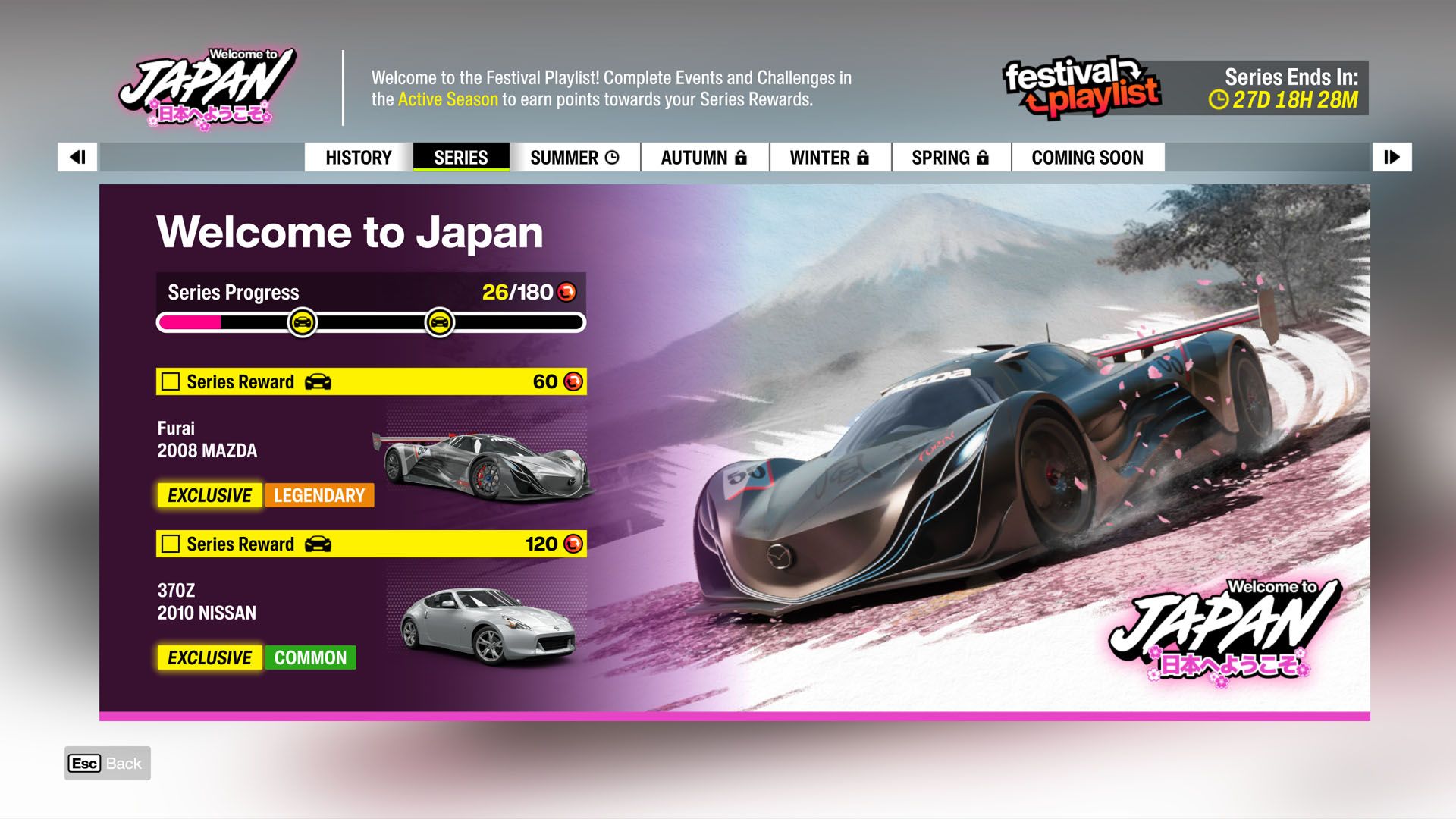 The Welcome to Japan Festival Playlist menu in Forza Horizon 6.
