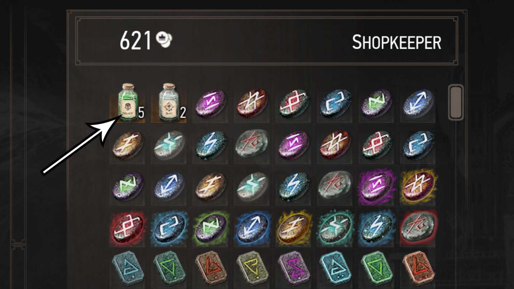 An arrow points to the Potion of Clearance in The Witcher 3: Wild Hunt.