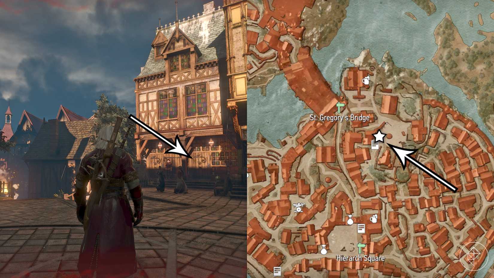An arrow points to the location of the merchant who sells a Potion of Clearance in The Witcher 3: Wild Hunt.