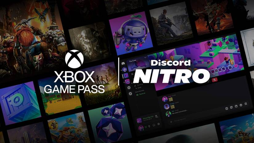 Xbox Game Pass Discord Nitro announcement image showing the companies' logos against a backdrop of games, like Hades and Fallout