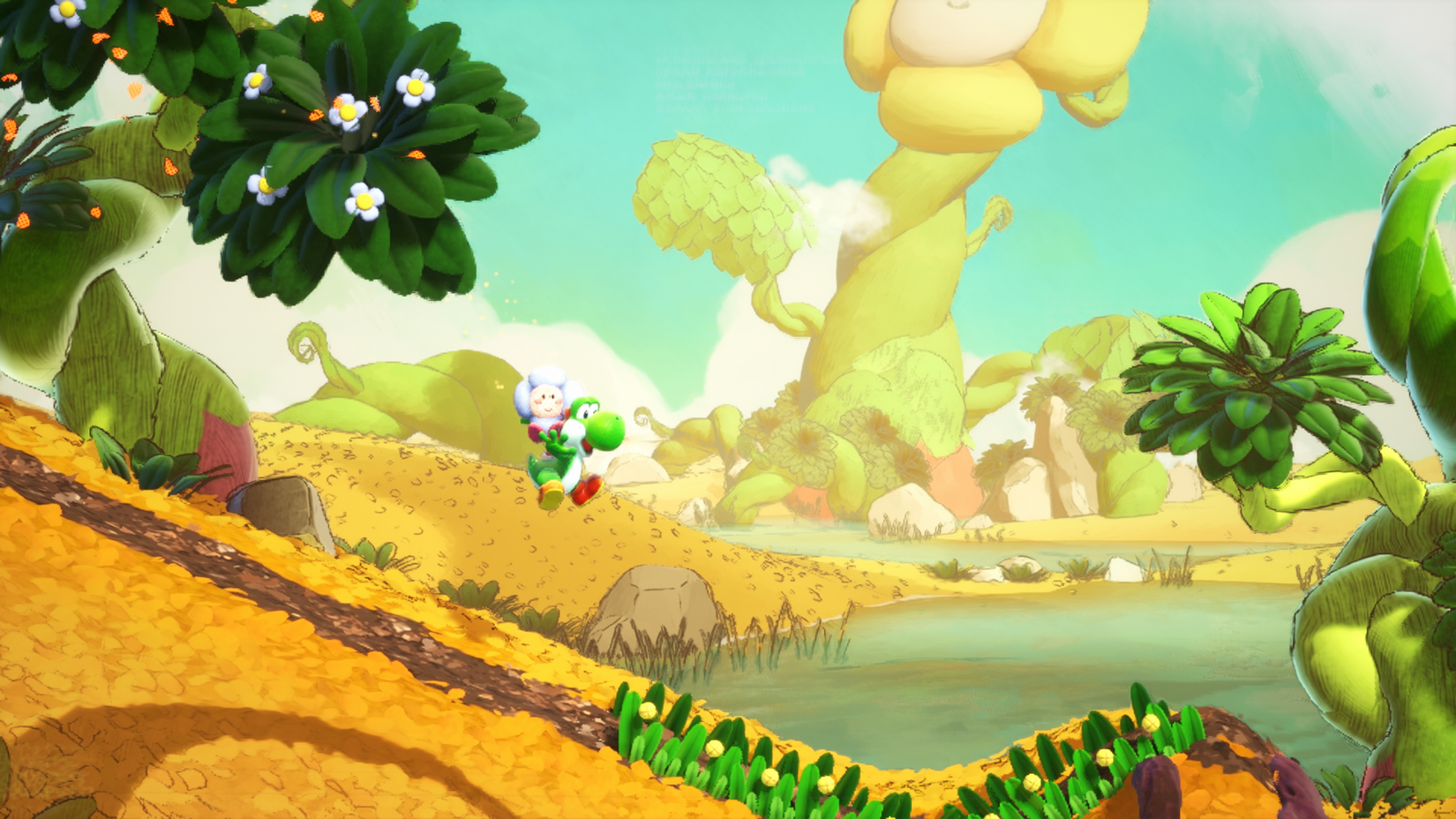 Yoshi leaps with a flower on his back in Yoshi and the Mysterious Book.