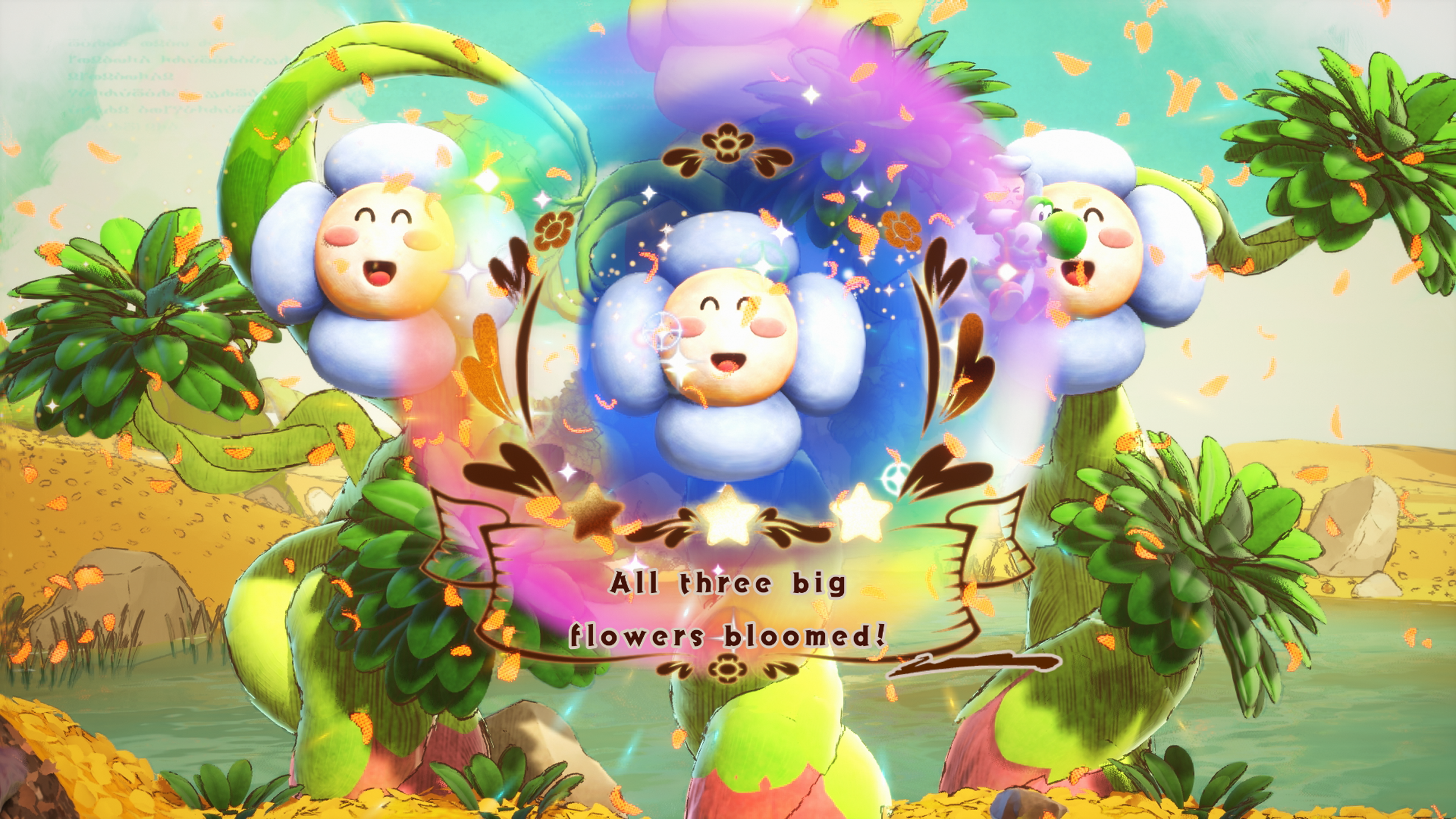 A trio of flowers bloom in Yoshi and the Mysterious Book.