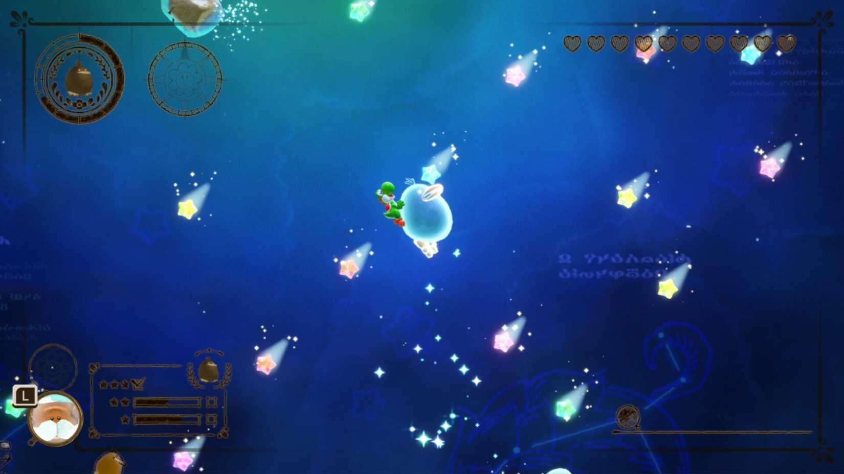 Yoshi jumps through space on a raven in Yoshi and the Mysterious Book.
