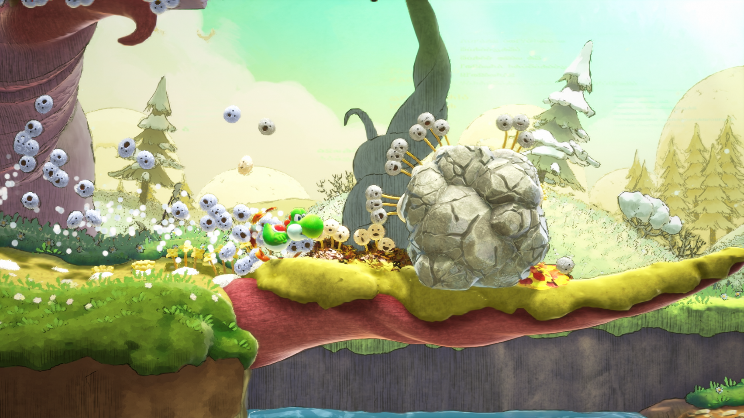 Yoshi rolls a rock covered in spores in Yoshi and the Mysterious Book.