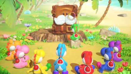 Yoshis sit around Mr. E in Yoshi and the Mysterious Book.